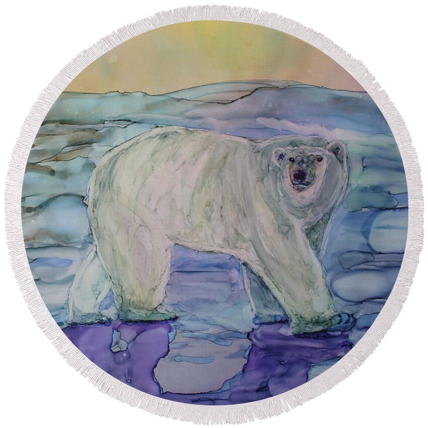 Polar Bear Round Beach Towel featuring the painting King of the North by Ruth Kamenev