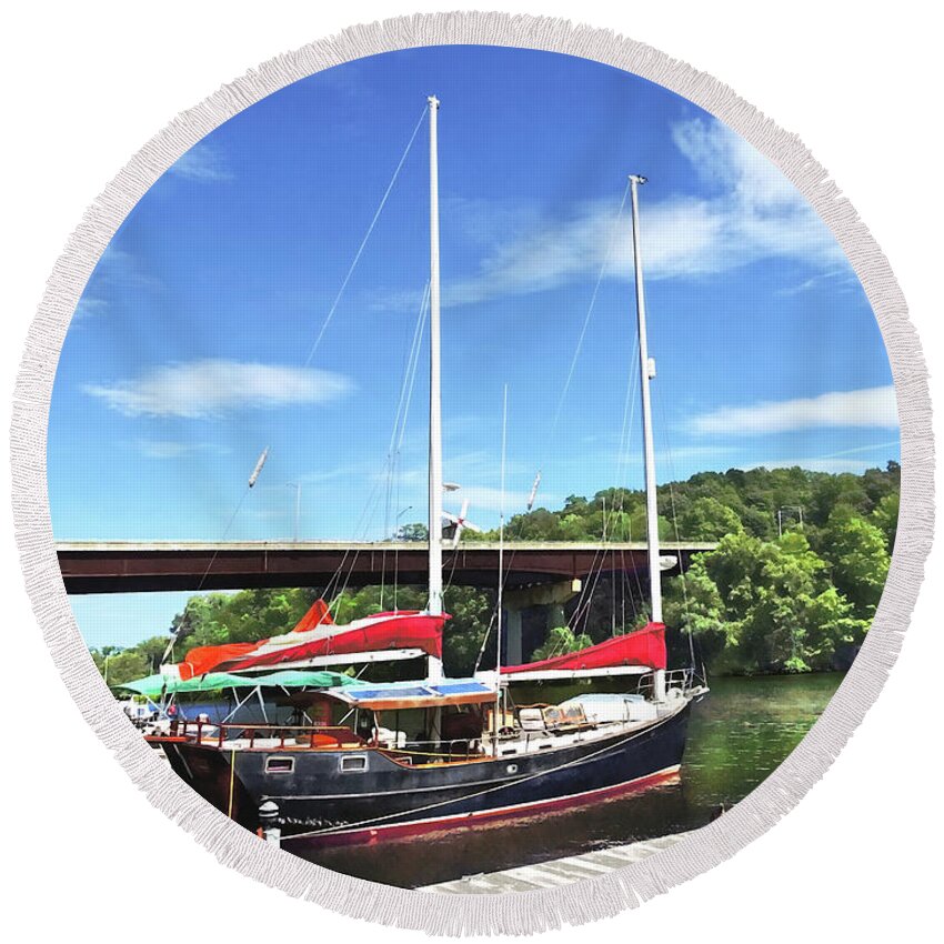 Kingston Round Beach Towel featuring the photograph Kingston NY - Colorful Boats on Rondout Creek by Susan Savad