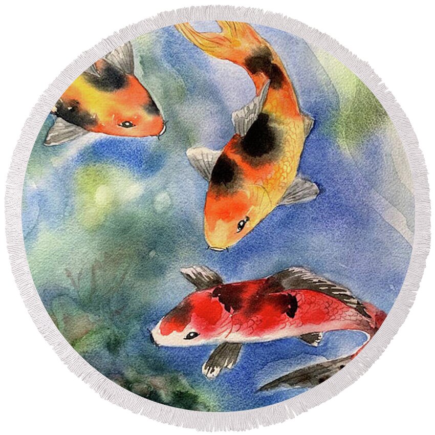 Koi Round Beach Towel featuring the painting Kio Fish Swimming by Hilda Vandergriff