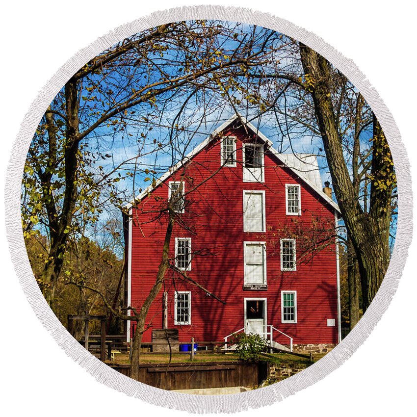 Building Round Beach Towel featuring the photograph Kirbys Mill - Medford New Jersey by Louis Dallara