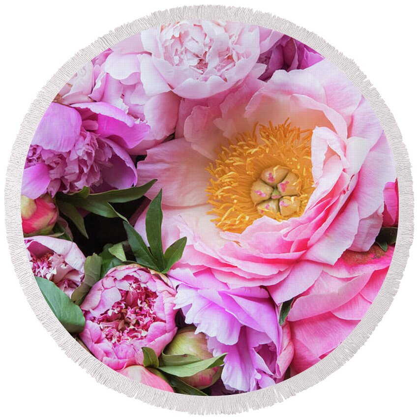 Peonies Round Beach Towel featuring the photograph Kissed by Spring by Marilyn Cornwell
