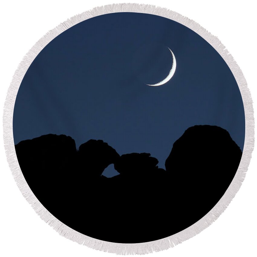 Moon Round Beach Towel featuring the photograph Kissing Camels Moonset by Bob Falcone