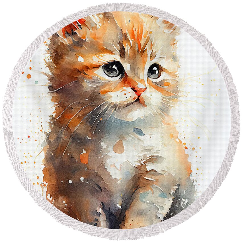 Kitty Round Beach Towel featuring the painting KITTY watercolor I by Vart