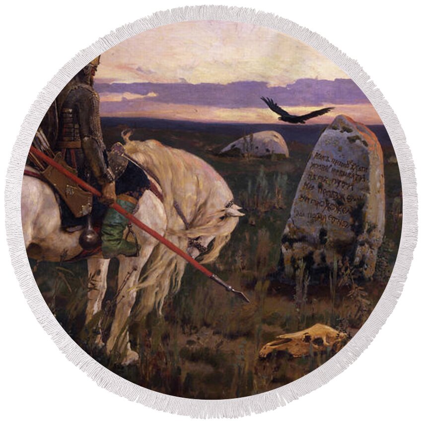 Knight Round Beach Towel featuring the painting Knight at the Crosscroads by Viktor Mikhailovich Vasnetsov