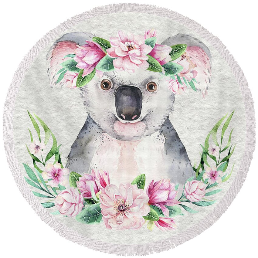 Koala Round Beach Towel featuring the painting Koala With Flowers by Nursery Art