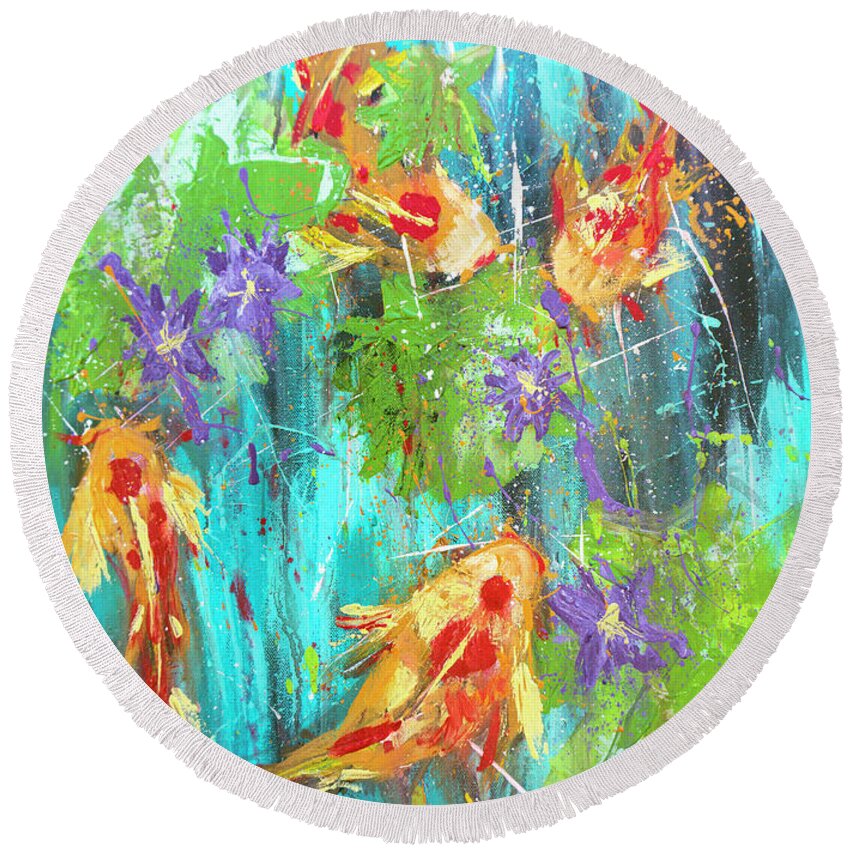 Koi Round Beach Towel featuring the painting Koi Fish with Lily pad and purple Lotus Flowers by Joanne Herrmann