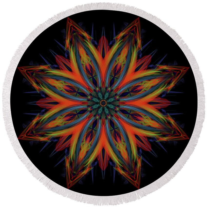 The Kosmic Kreation African Fire Mandala Is An Exquisite Classic Vibrantly Original Painting That Celebrates African Culture. This Beautiful And Vivid Piece Of Artwork Is Composed Of Bold Lines And Contrasting Colors That Have Been Carefully Arranged To Make A Striking Artwork. Its Intricate Details Are Complimented By An Assortment Of Intricate Shapes Round Beach Towel featuring the digital art Kosmic Kreation African Fire Mandala by Michael Canteen