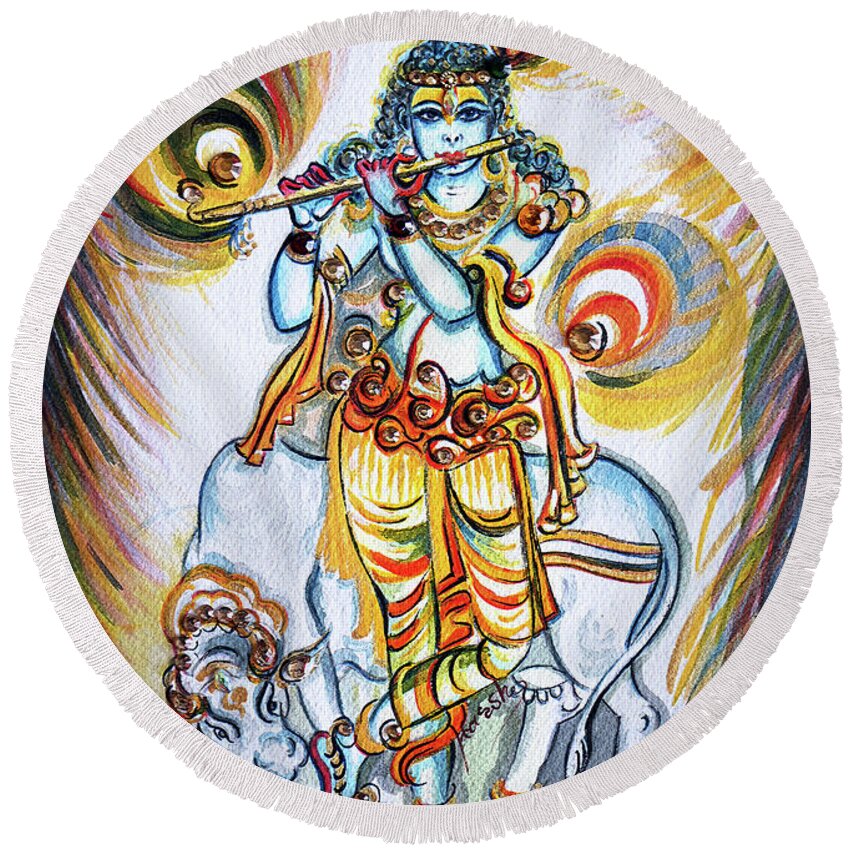 Krishna Round Beach Towel featuring the painting Krishna - Flute - Cow by Harsh Malik