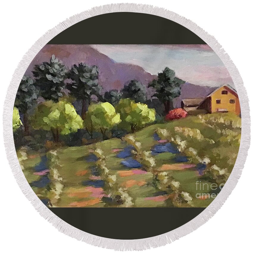 Orchard Round Beach Towel featuring the painting KT's Orchard by Anne Marie Brown