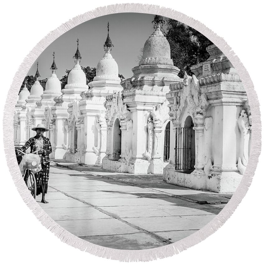 Mandalay Round Beach Towel featuring the photograph Kuthodaw Pagoda by Arj Munoz