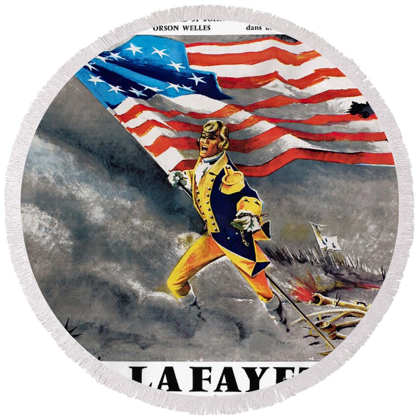 Synopsis Round Beach Towel featuring the mixed media ''La Fayette'', 1962 - art by Clement Hurel by Movie World Posters