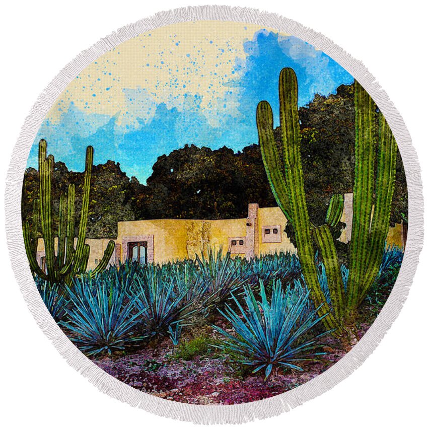 Hacienda Round Beach Towel featuring the digital art La Hacienda in Tequila by Marisol VB