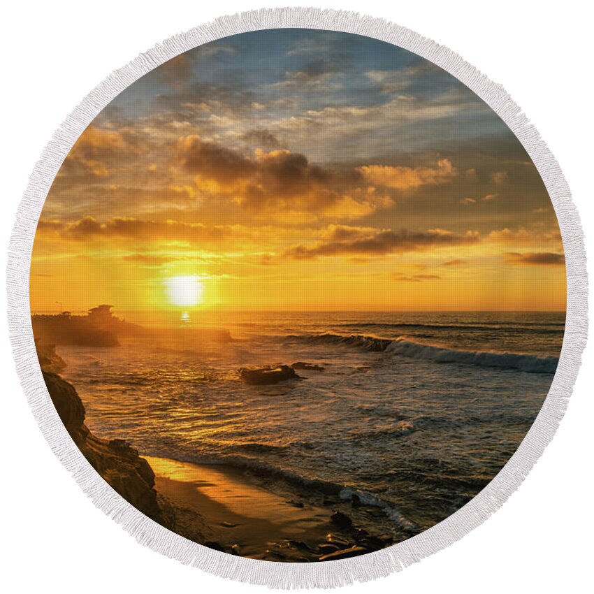 Golden Round Beach Towel featuring the photograph La Jolla Golden Hour Seascape in San Diego by Abigail Diane Photography