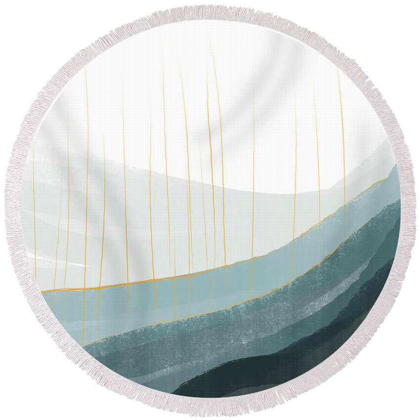 Blue Round Beach Towel featuring the mixed media Rough Seas 1 - Contemporary Minimal Abstract Painting - Blue, Denim, Grey, White by Studio Grafiikka