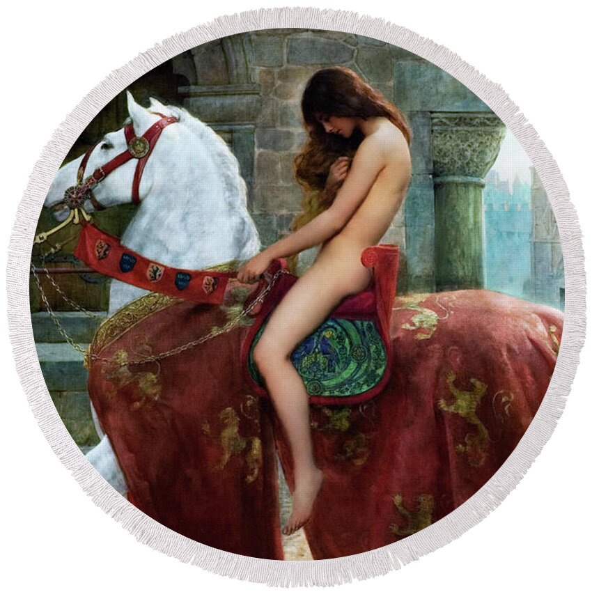 Lady Godiva Round Beach Towel featuring the painting Lady Godiva by John Collier Old Masters Reproduction by Rolando Burbon