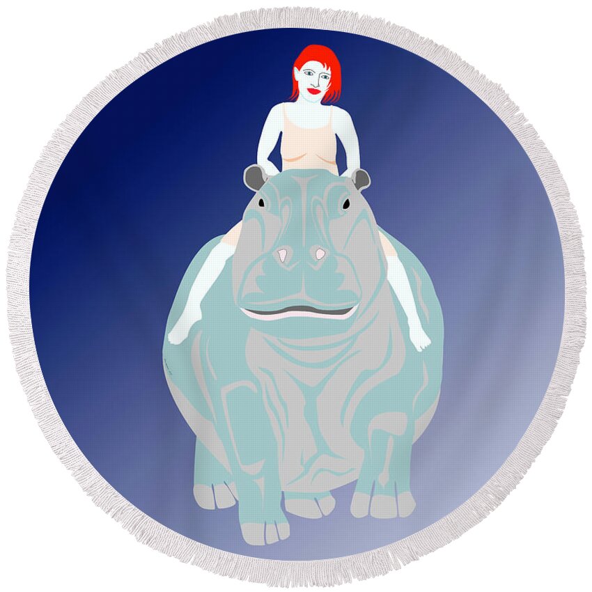 Hippo Round Beach Towel featuring the digital art Lady Riding Hippo by Teresamarie Yawn