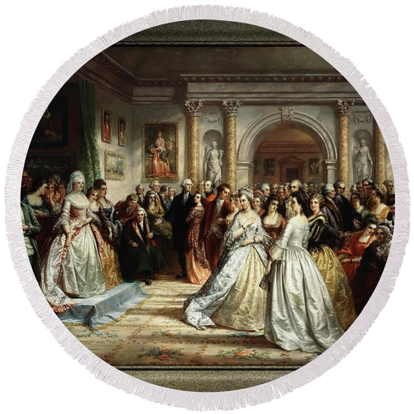 Lady Washington's Reception Day Round Beach Towel featuring the painting Lady Washington's Reception Day by Daniel Huntington Old Masters Fine Art Reproduction by Rolando Burbon