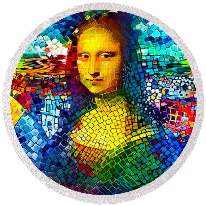 Lady With An Ermine Round Beach Towel featuring the digital art Lady with an Ermine, Mona Lisa, and La Belle Ferronniere - colorful mosaic by Nicko Prints