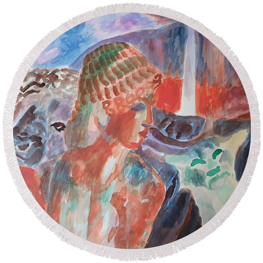 Classical Greek Sculpture Round Beach Towel featuring the painting Lady with Wildlife by Enrico Garff