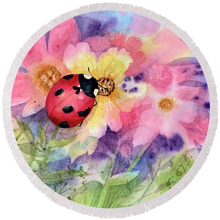 Ladybug Round Beach Towel featuring the painting Ladybug by Hilda Vandergriff