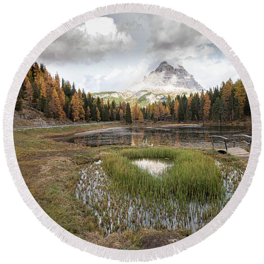 Lago Di Antorno Round Beach Towel featuring the photograph Lago di antorno lake and Tre cime di lavadero mountain reflection in autumn. Forest landscape South tyrol Italy by Michalakis Ppalis