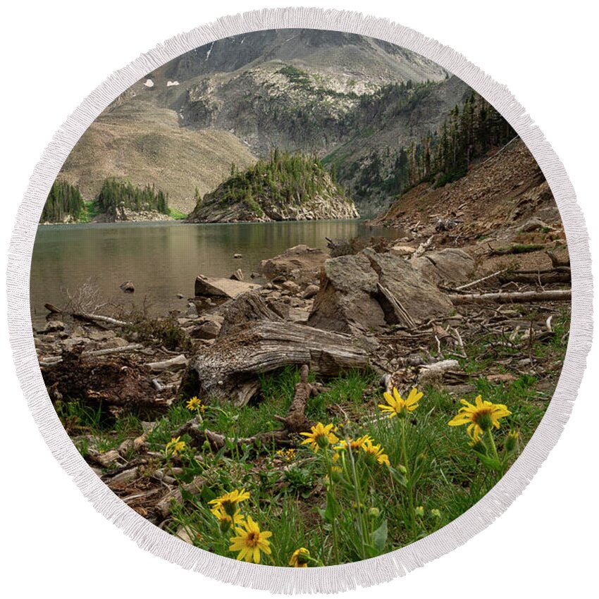 Mountains Round Beach Towel featuring the photograph Lake Agnes Wildflowers by Aaron Spong