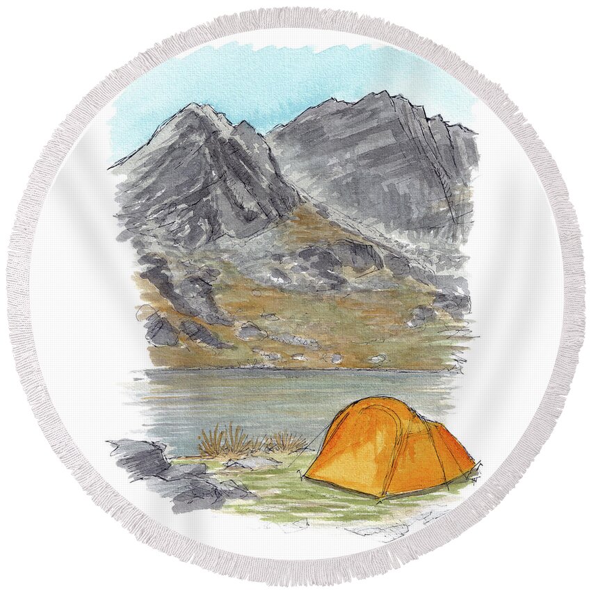 New Zealand Round Beach Towel featuring the painting Lake Alta Camping by Tom Napper