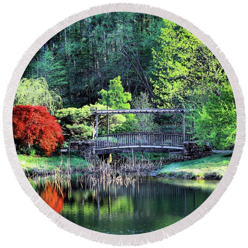 Nature Round Beach Towel featuring the photograph Lake and Footbridge, Golden Hour, Spring by Steve Ember