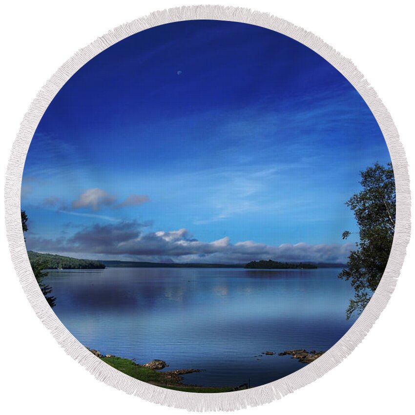 Lake Round Beach Towel featuring the photograph Lake BluSky Morning by Russel Considine