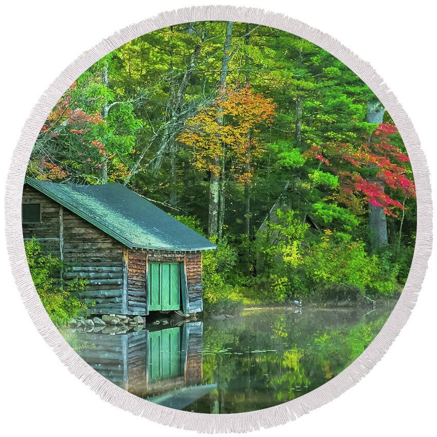 Autumn Round Beach Towel featuring the photograph Lake Chocoura Boathouse by Betty Denise