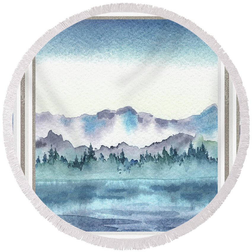 Window View Round Beach Towel featuring the painting Lake House Window View Meditative Landscape With Calm Waters And Hills Watercolor V by Irina Sztukowski