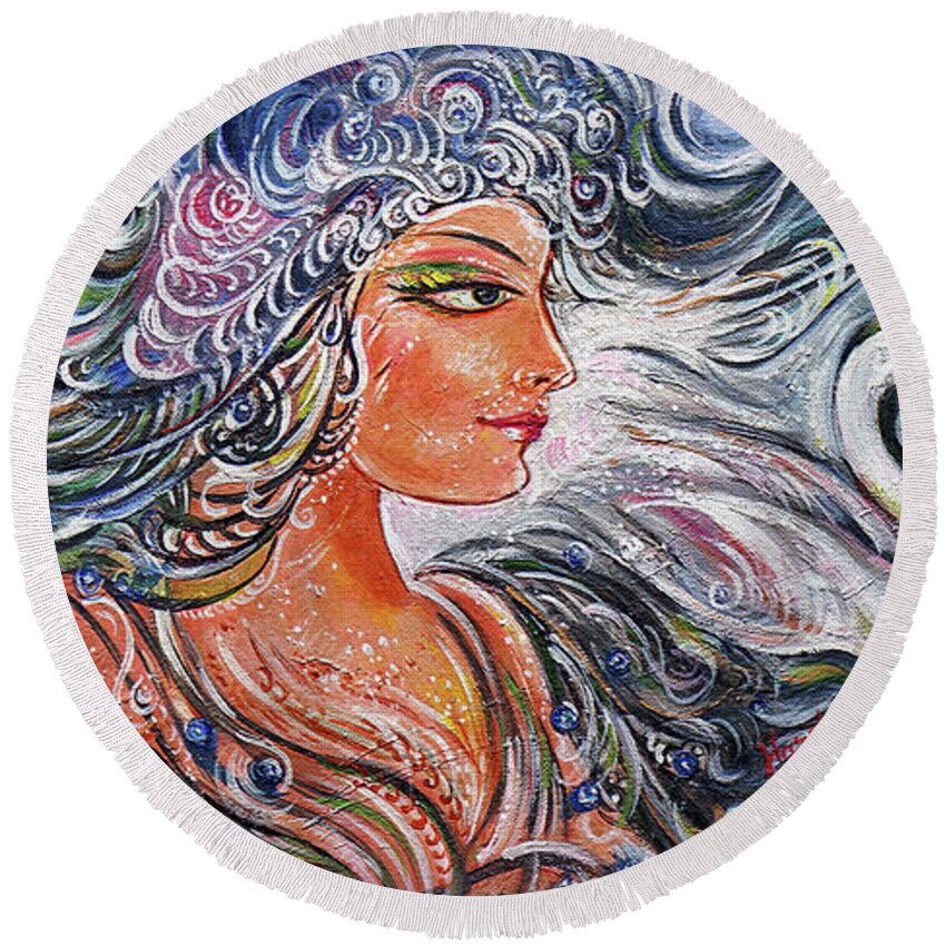 Lake Round Beach Towel featuring the painting Lake Lady by Harsh Malik