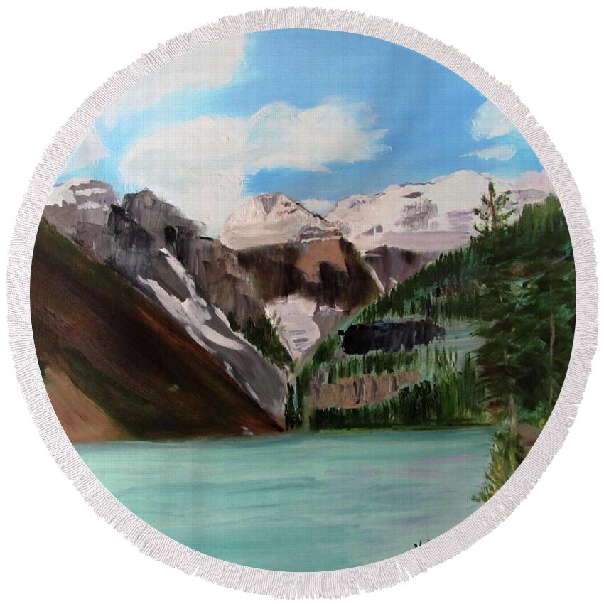 Alberta Round Beach Towel featuring the painting Lake Louise by Linda Feinberg