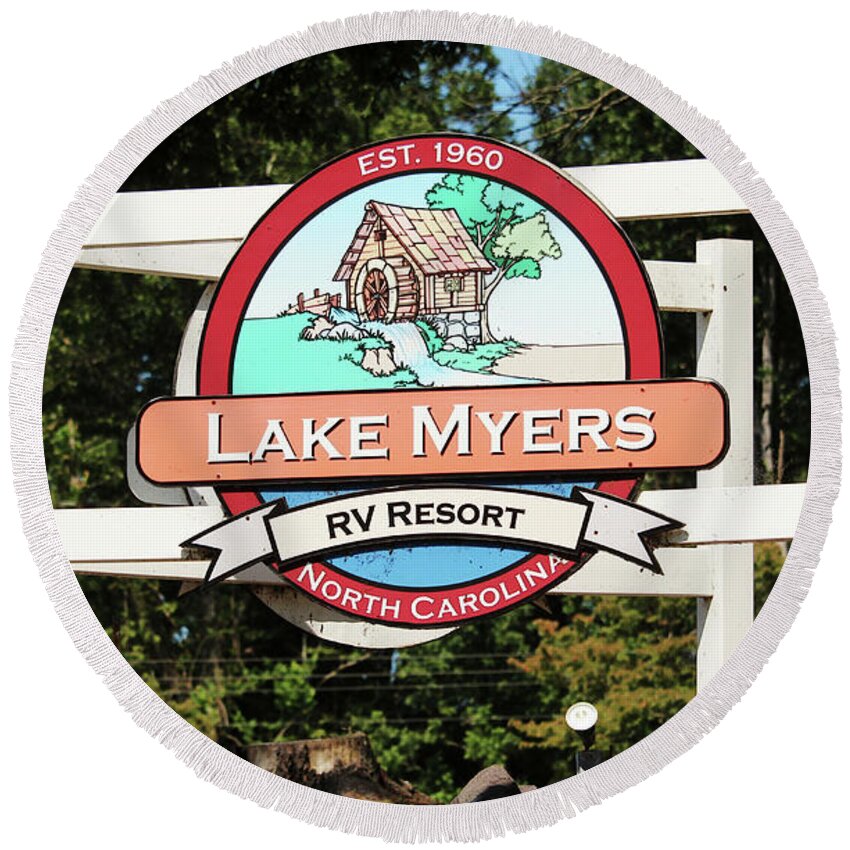Lake Myers Round Beach Towel featuring the photograph Lake Myers RV Resort by Cynthia Guinn
