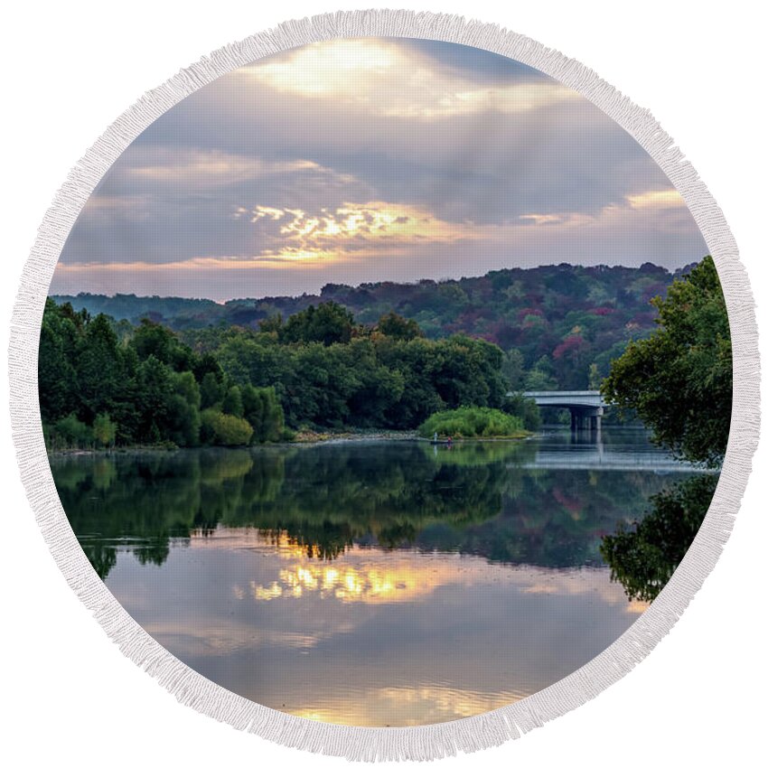 Springfield Round Beach Towel featuring the photograph Lake Springfield Fall Morning Reflections by Jennifer White