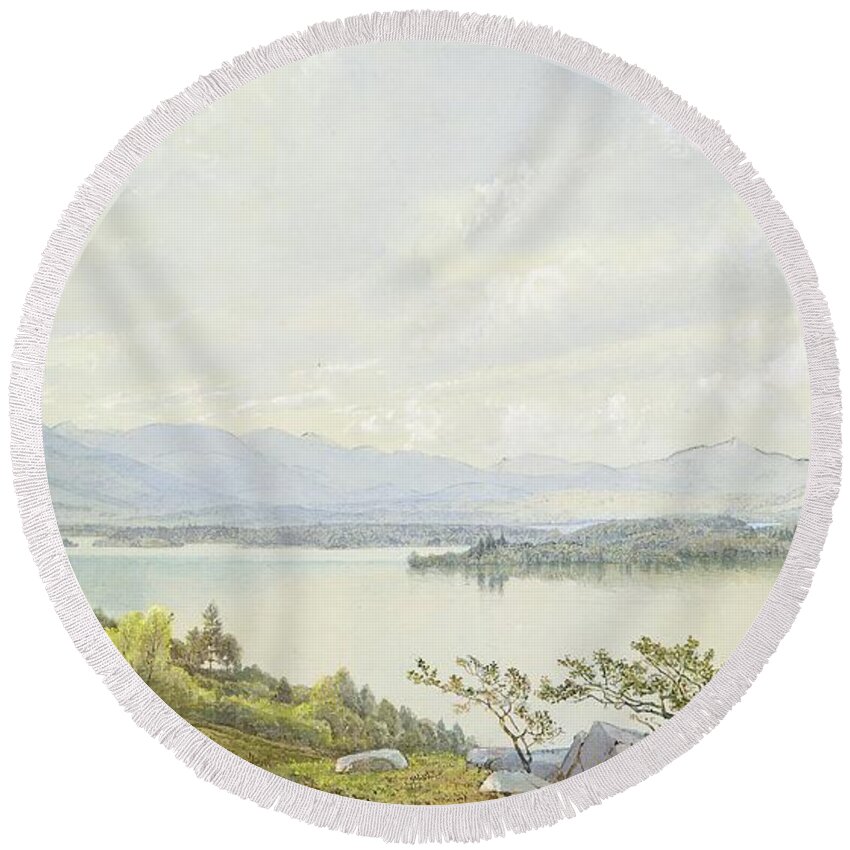 Italy Round Beach Towel featuring the painting Lake Squam and the Sandwich Mountains by MotionAge Designs