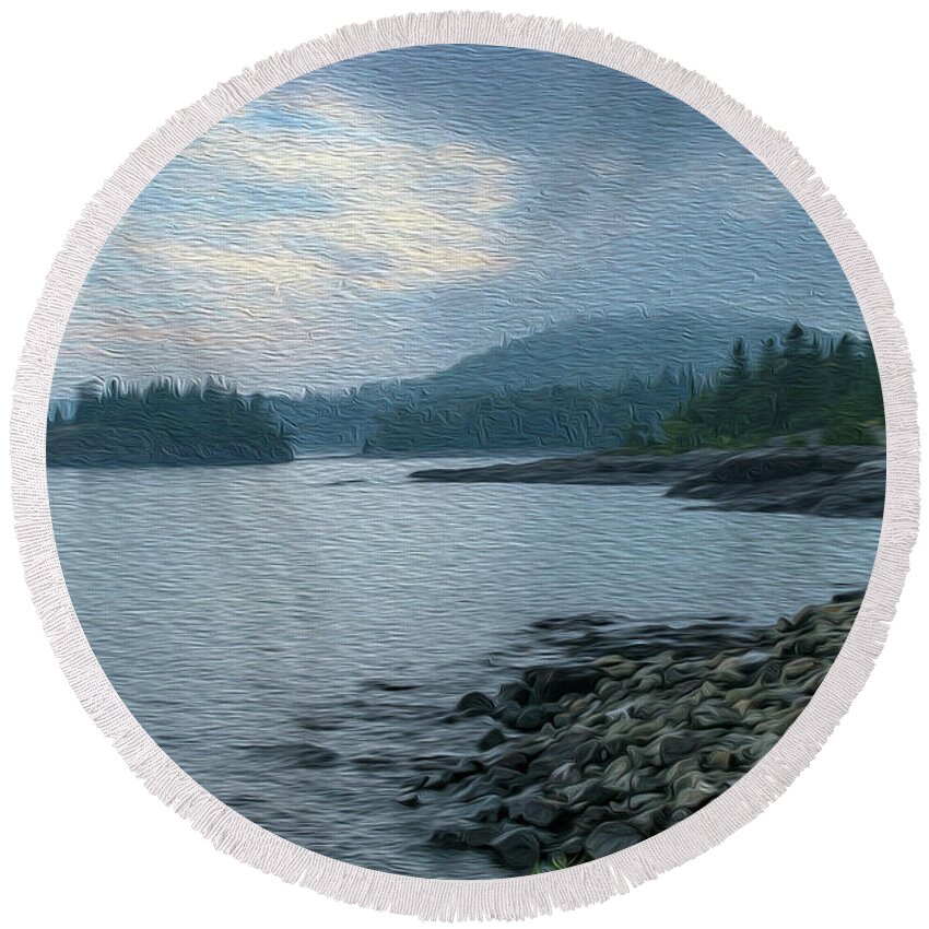Mist Round Beach Towel featuring the photograph Early Morning on Lake Superior by Robert Carter
