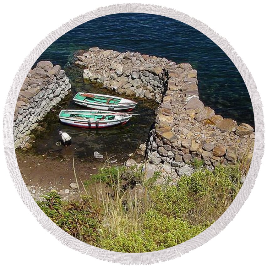 South America Round Beach Towel featuring the photograph Lake Titicaca Private Marina by Doug Davidson