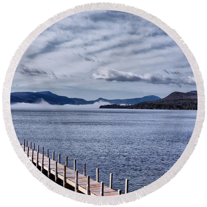 Lake Round Beach Towel featuring the photograph Lake View Clouds and Dock by Russ Considine