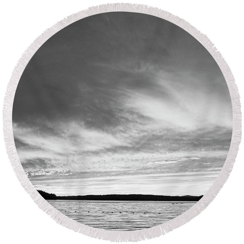 Wolfeboro Round Beach Towel featuring the photograph Lake Winnipesaukee sunset Carry Beach Wolfeboro NH Black and White by Toby McGuire