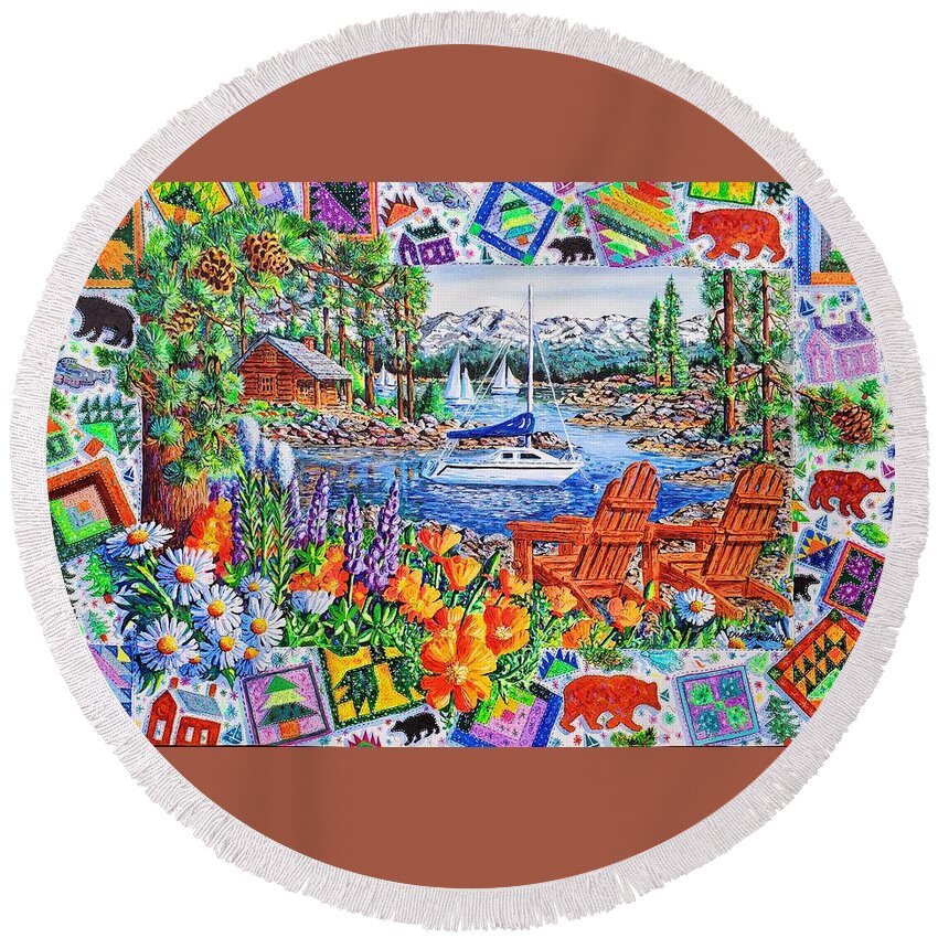 Lake Round Beach Towel featuring the painting Lakeside Retreat by Diane Phalen
