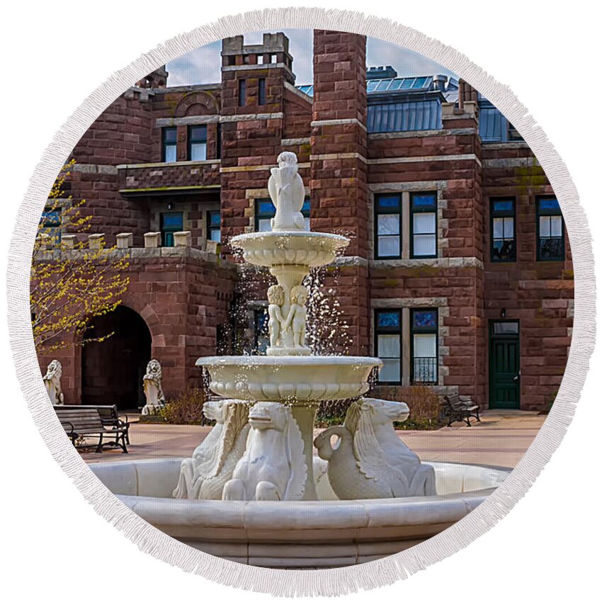 Lambert Castle Round Beach Towel featuring the photograph Lambert Castle Fountain by Anthony Sacco