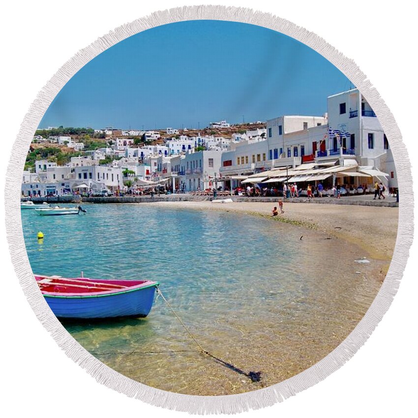 Boat Round Beach Towel featuring the photograph Landed in Mykonos by Michael Descher