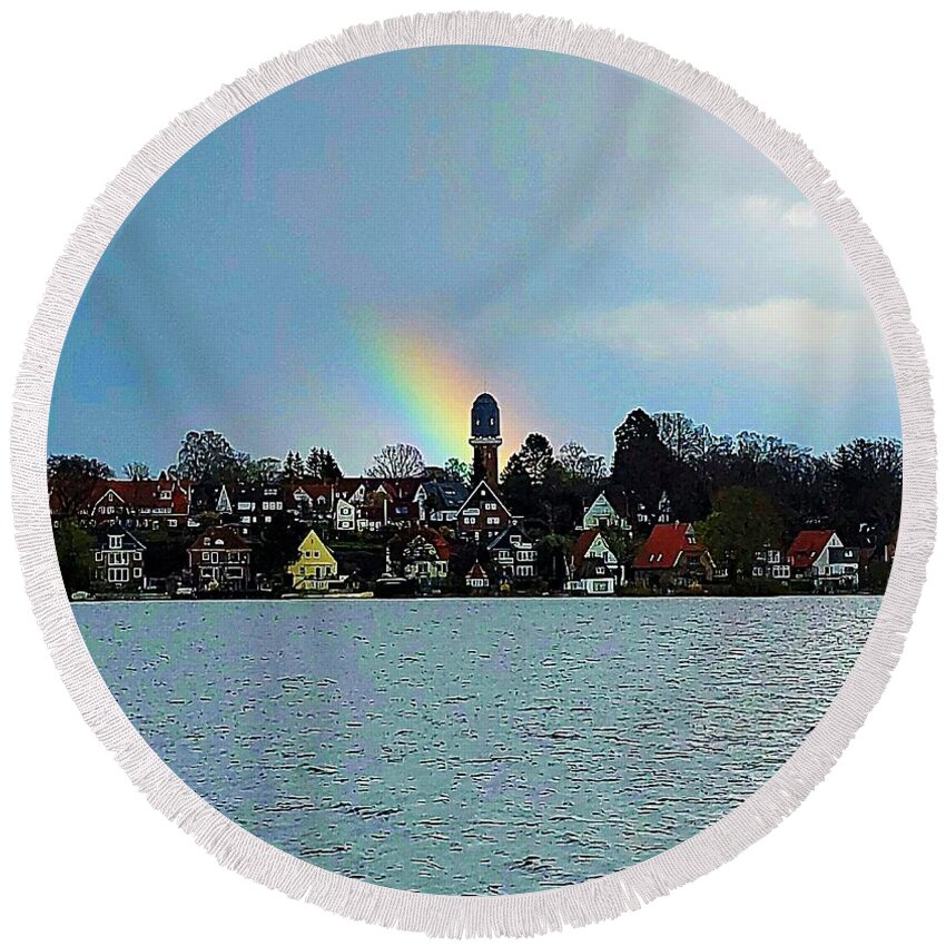 Landscape Round Beach Towel featuring the photograph Landscape And Rainbow by Nomi Morina