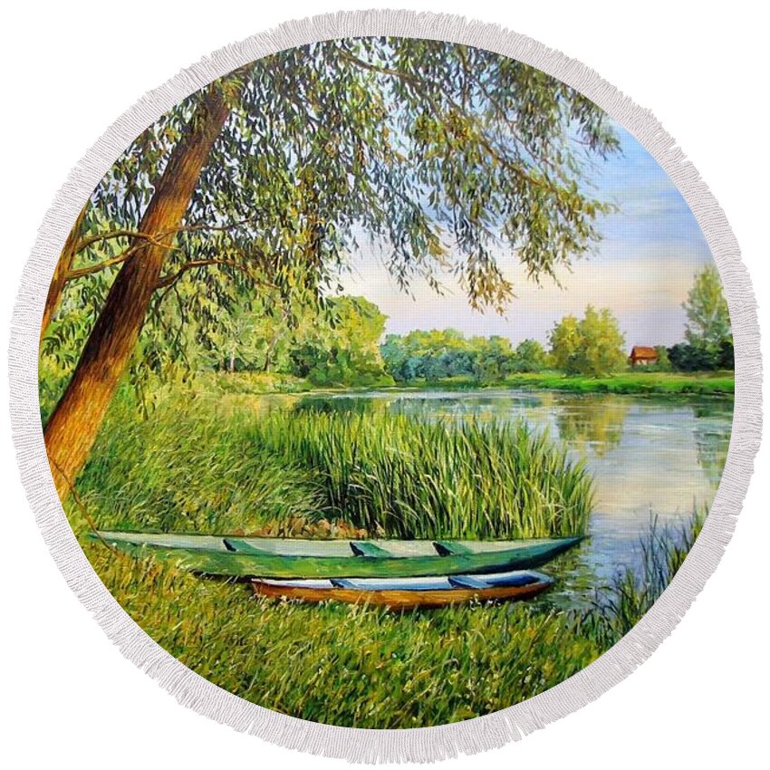 Landscape With A Boat Round Beach Towel featuring the painting Landscape with a boat 2 by Kastsov
