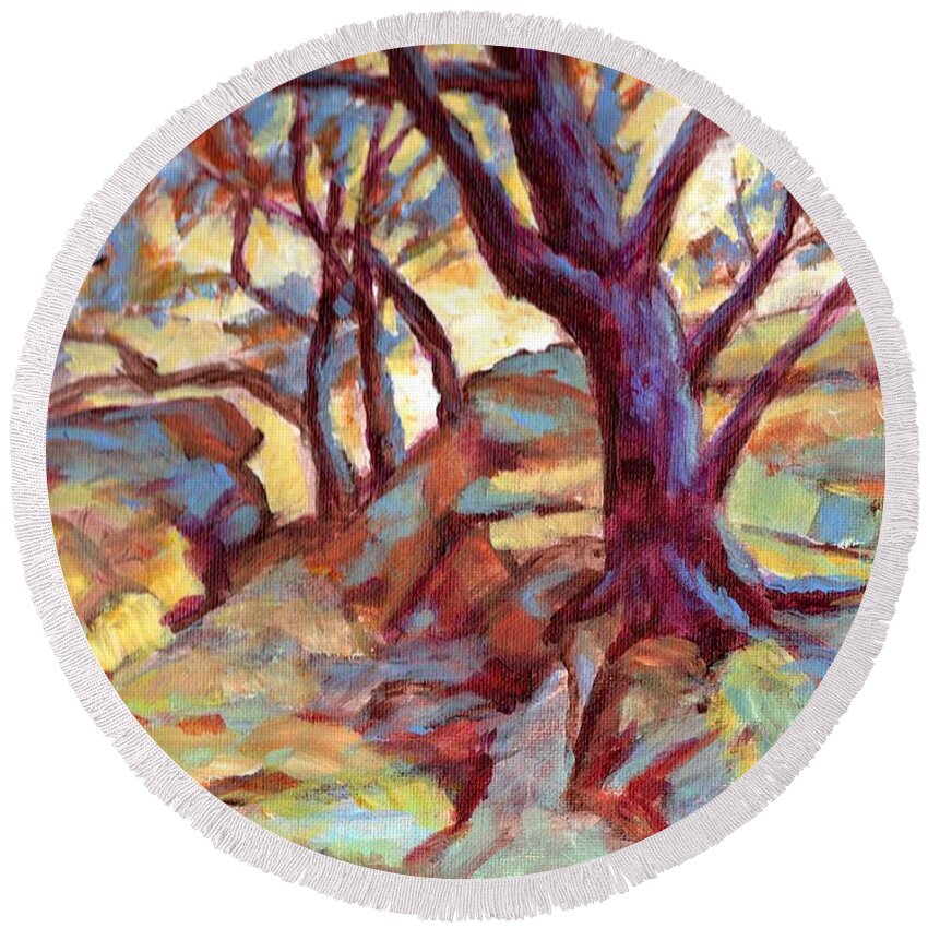 Acrylic Round Beach Towel featuring the painting Landscape with Purple Tree by David Dorrell