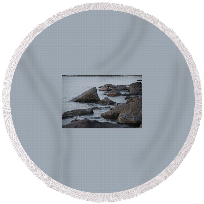 Lake Erie Round Beach Towel featuring the photograph Large Rocks on Lake Erie Shoreline by Valerie Collins