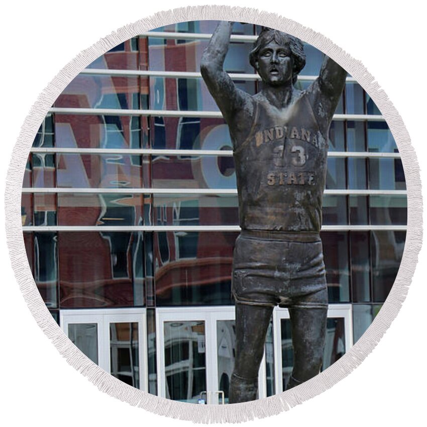 Larry Bird Round Beach Towel featuring the photograph Larry Bird Statue at Indiana State University 4453 by Jack Schultz