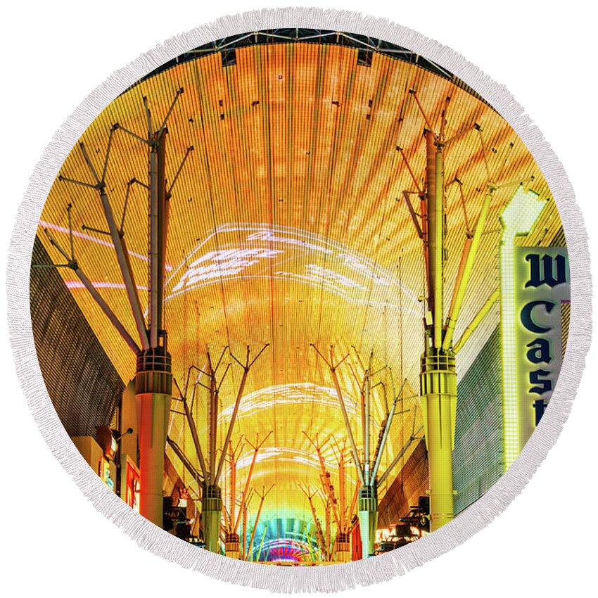 America Round Beach Towel featuring the photograph Las Vegas Fremont Street Experience at Night Photo by Paul Velgos