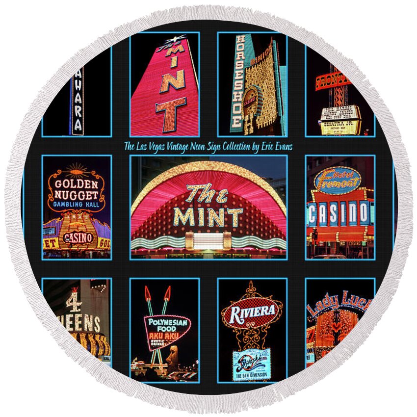 Las Vegas Neon Signs Round Beach Towel featuring the photograph Las Vegas Vintage Neon Signs Collection Slides Featuring The Mint Casino by Aloha Art